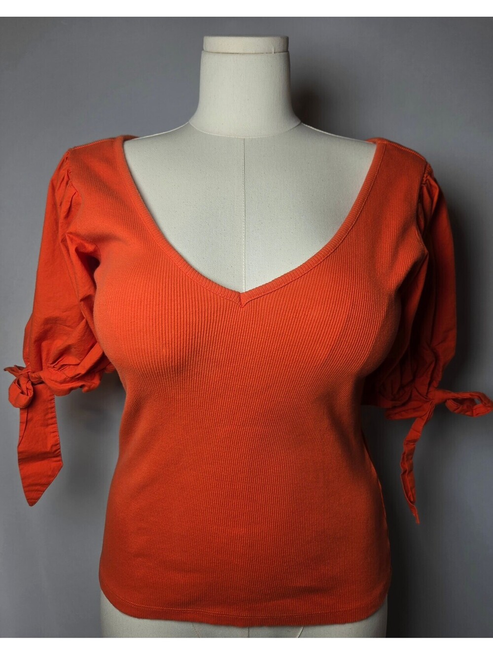 Maeve Anthropologie Orange Ribbed Puff Sleeve Tie Cuff V-Neck Top Medium